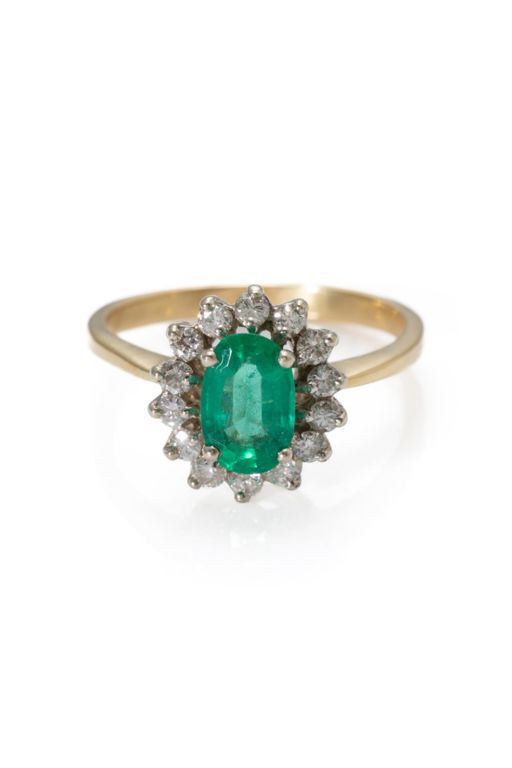 18k Yellow Gold Emerald and Diamond Cluster Ring