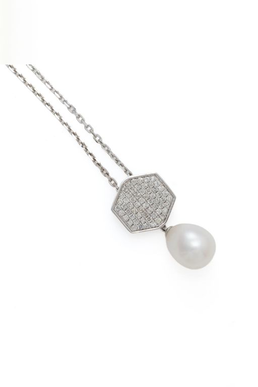 9k White Gold Pearl and Diamond Pendant Necklace