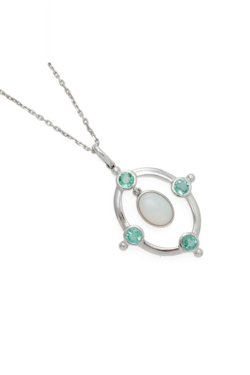 9k White Gold Opal and Emerald Pendant Necklace