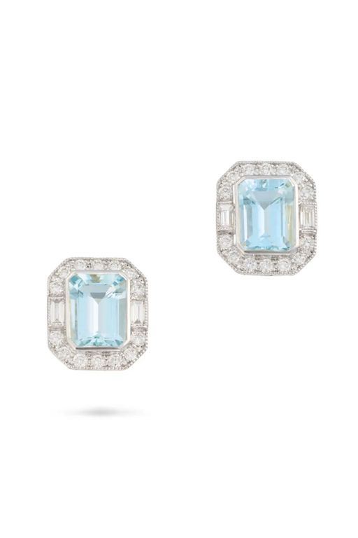 Pair of 18k Gold Aquamarine and Diamond Earrings