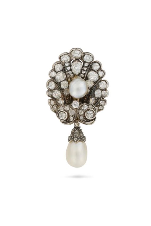 Gold and Silver Pearl and Diamond Brooch