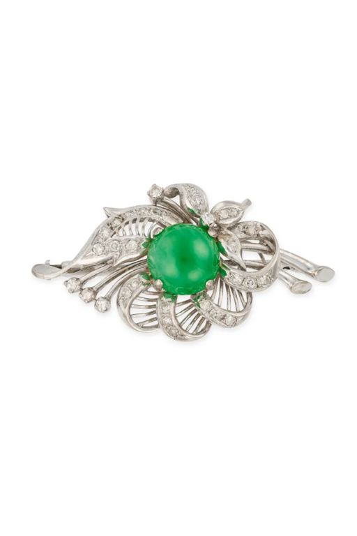 14k Gold Jade and Diamond Brooch