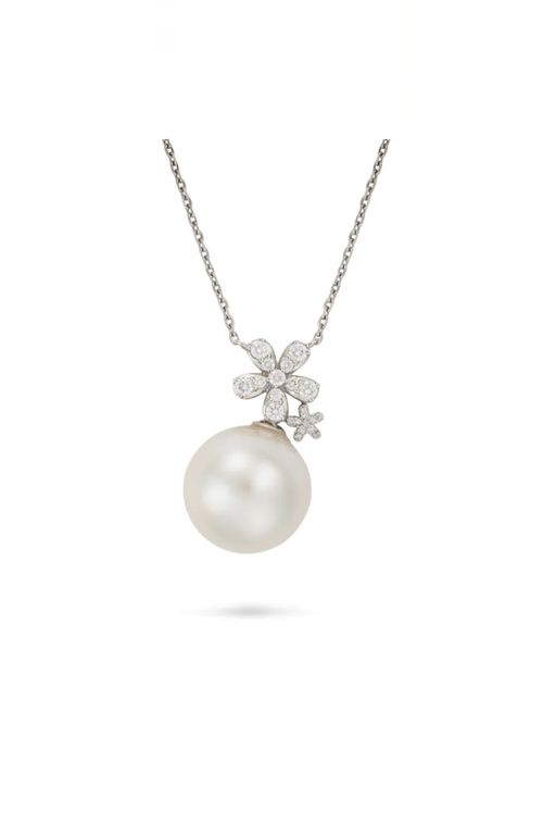 18k Gold Pearl and Diamond Pendant Necklace