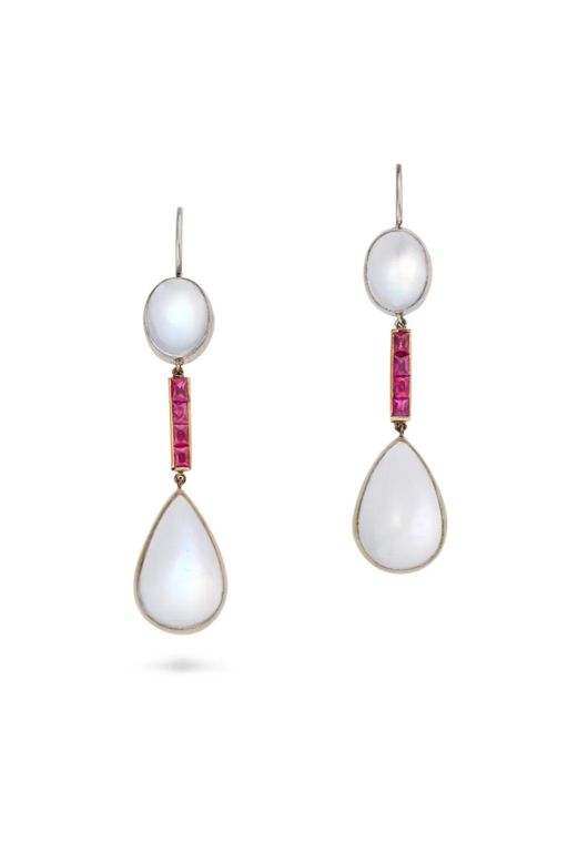 Pair of Moonstone and Ruby Earrings