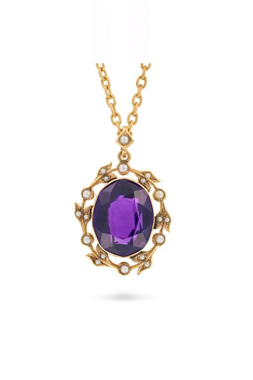 Gold Amethyst and Pearl Pendant Necklace
