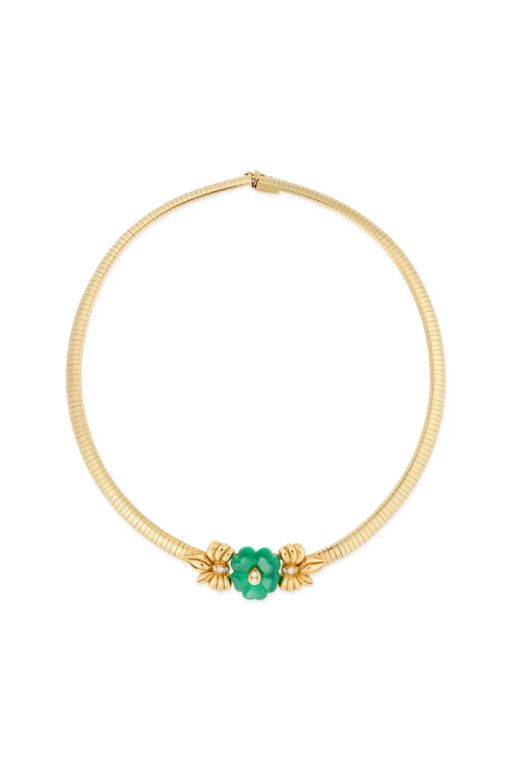 18k Gold Chrysoprase and Diamond Necklace