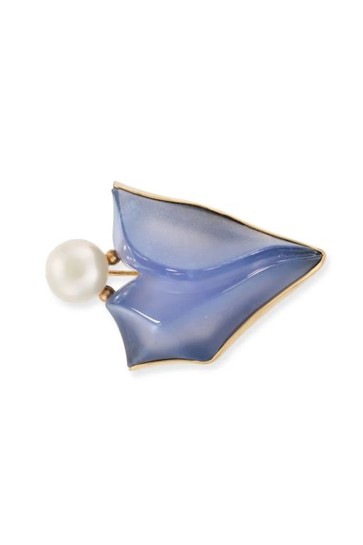 14k Yellow Gold Chalcedony and Pearl Brooch