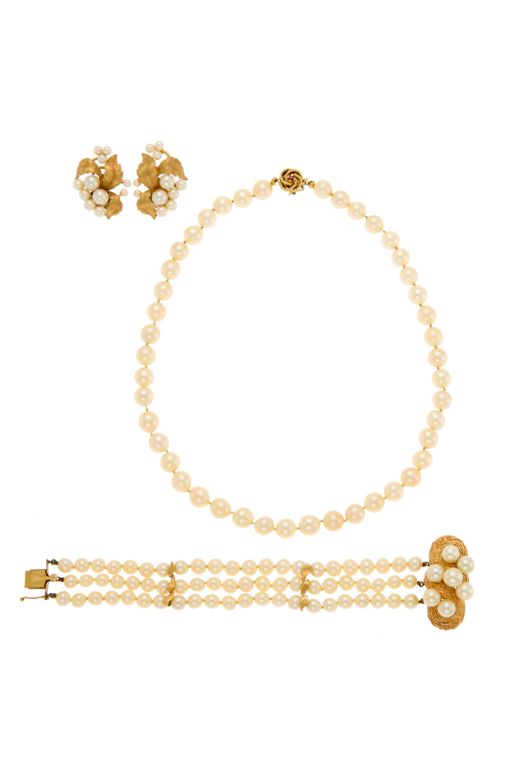 14k Gold Pearl Necklace Bracelet and Earrings