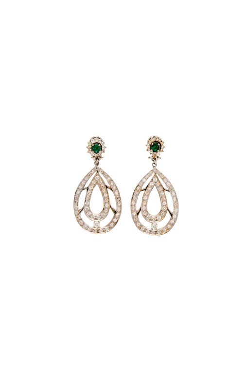 Pair of Platinum Emerald and Diamond Earrings