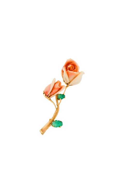 14k Gold Coral and Emerald Brooch