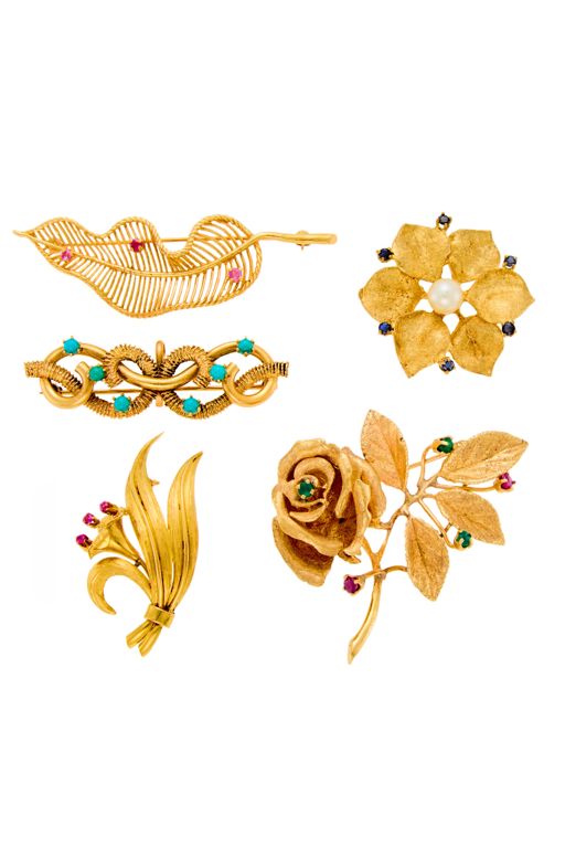 Five Gold Multi-Gem Brooches