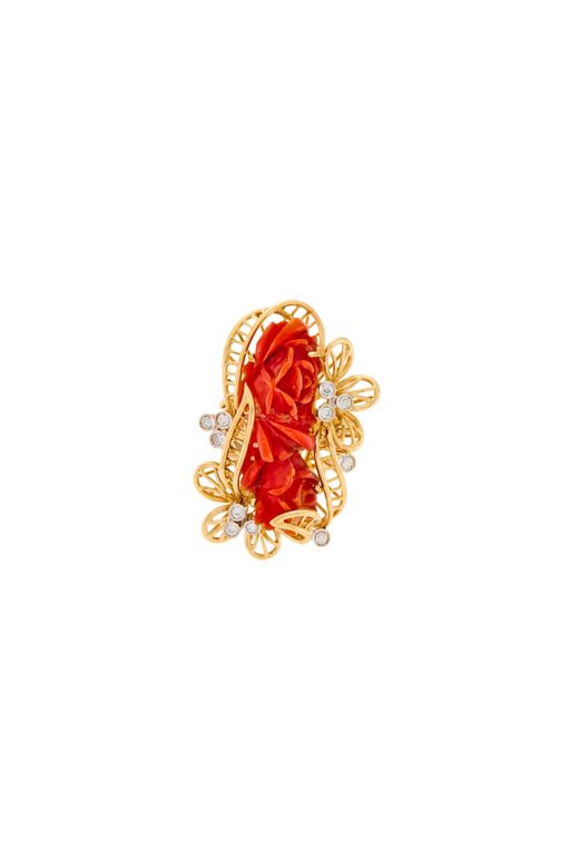 14k Gold Coral and Diamond Ring