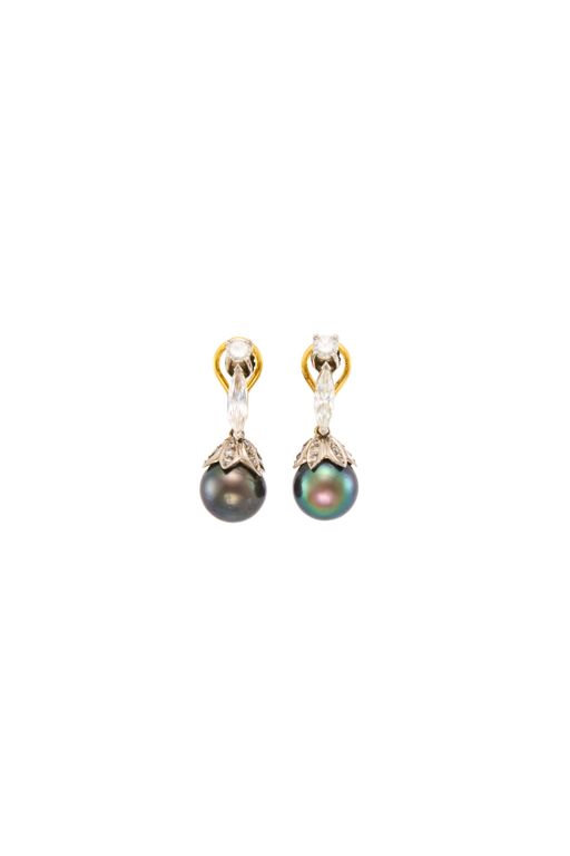 Pair of Platinum and Gold Pearl and Diamond Earrings
