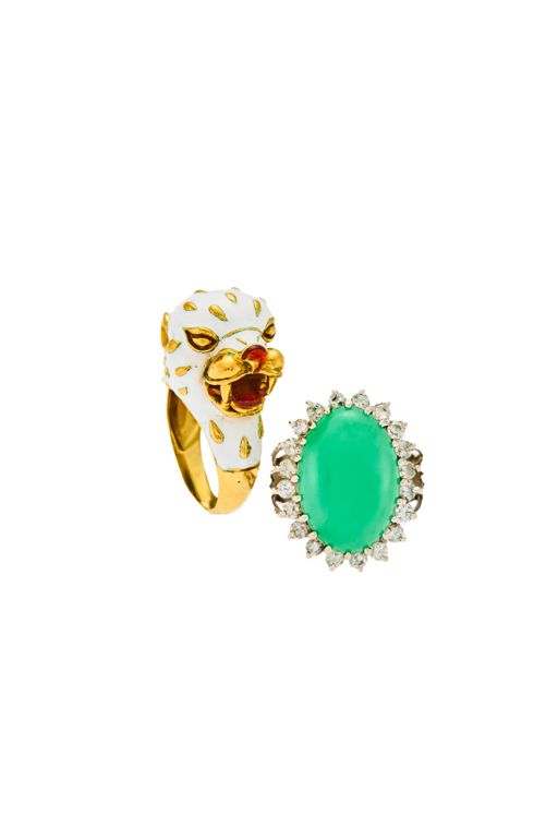 Two Gold Jadeite and Diamond Rings