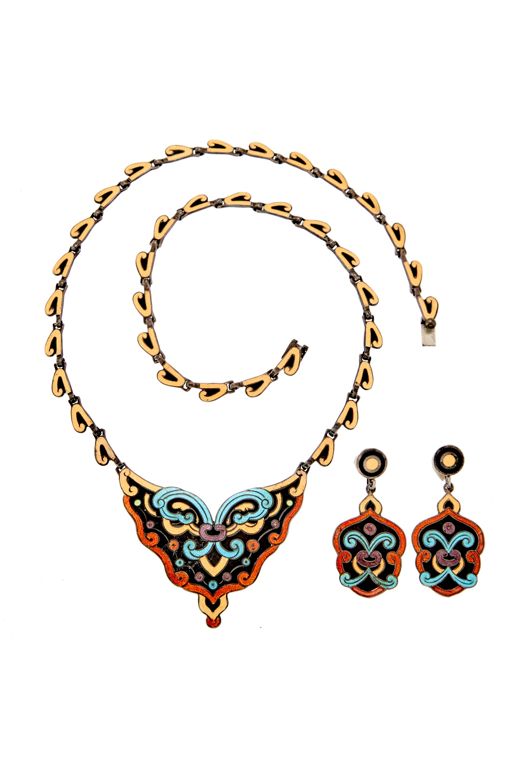 Silver and Enamel Necklace and Earrings