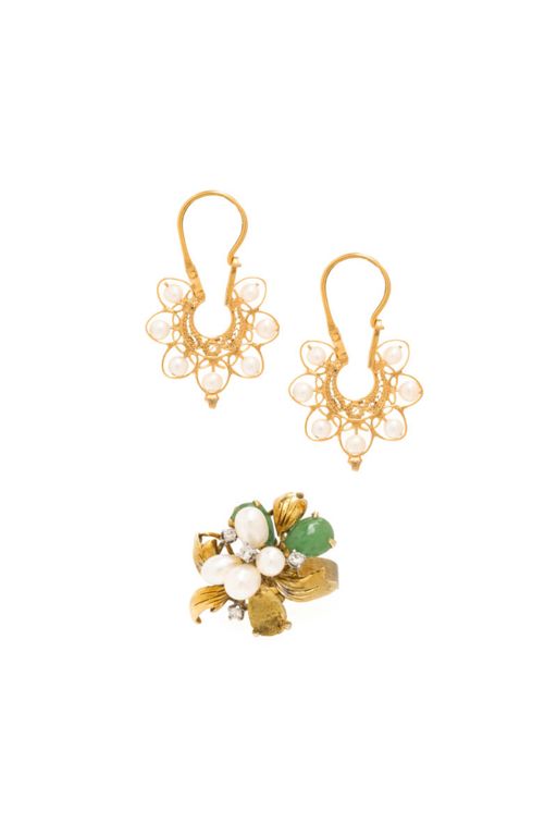 Yellow Gold Pearl, Jade and Diamond Jewelry Set