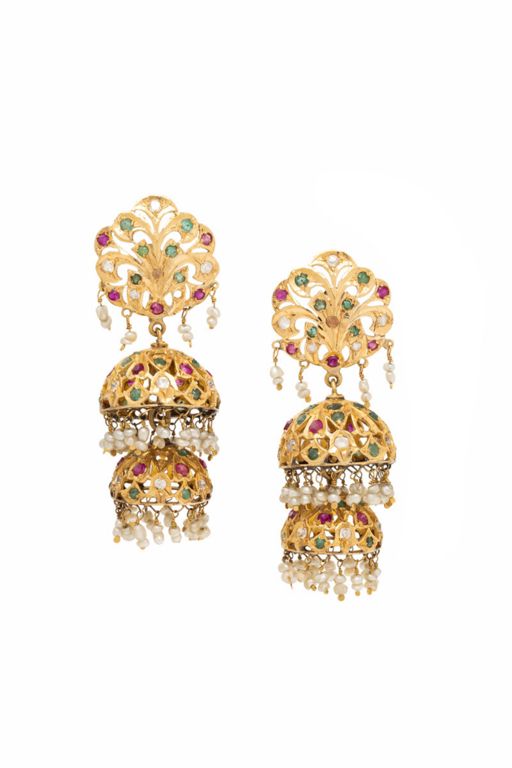 18k Yellow Gold Multi-Gem Jhumka Earrings