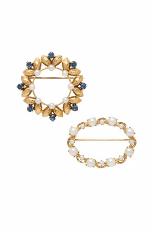 Two 14k Yellow Gold Pearl and Sapphire Brooches