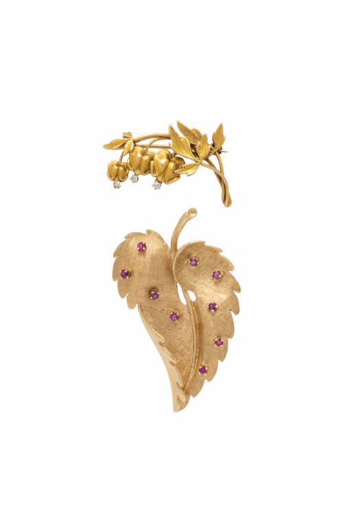 Two 14k Yellow Gold Gemstone Foliate Brooches