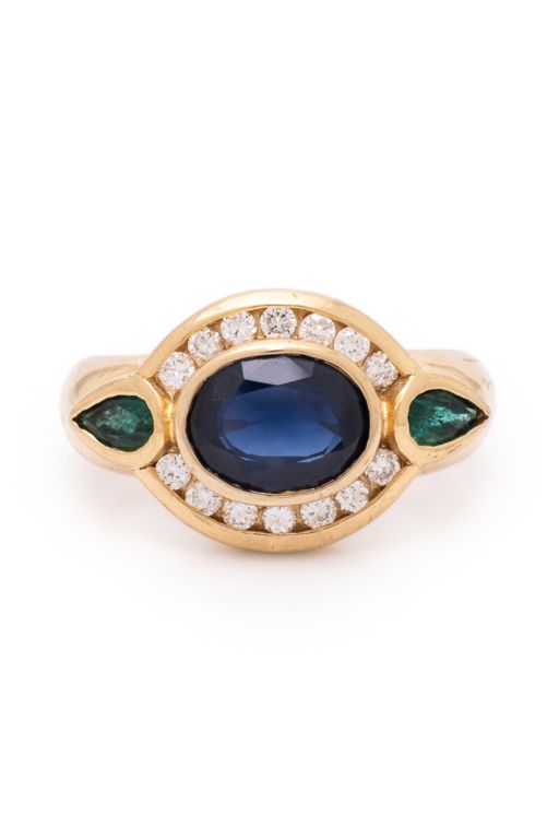 Yellow Gold Sapphire, Diamond and Emerald Ring