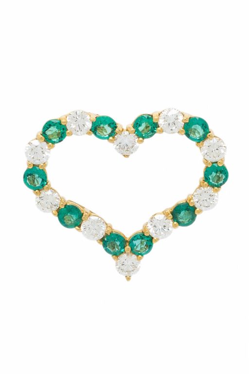 18k Yellow Gold Emerald and Diamond Heart Brooch