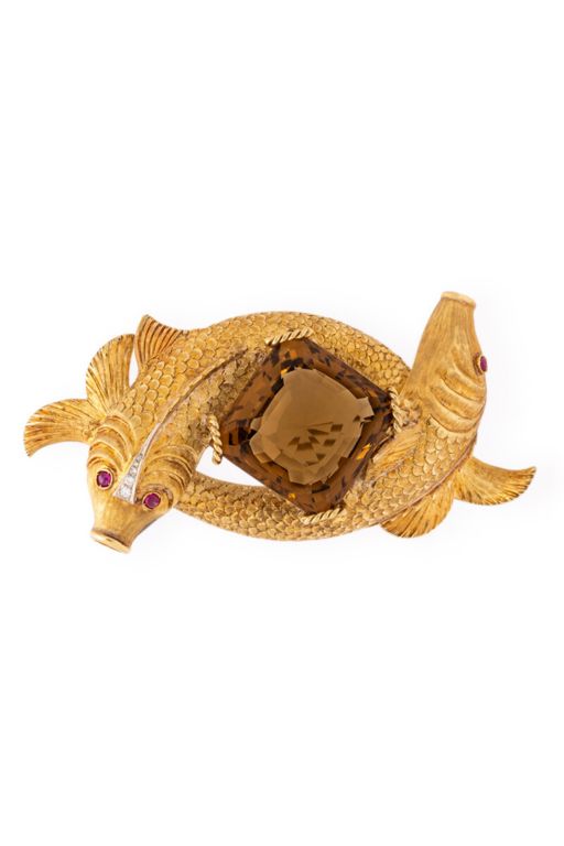 18k Yellow Gold Citrine, Ruby and Diamond Brooch