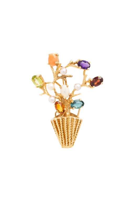 14k Yellow Gold Multi-Gem Flower Pot Brooch