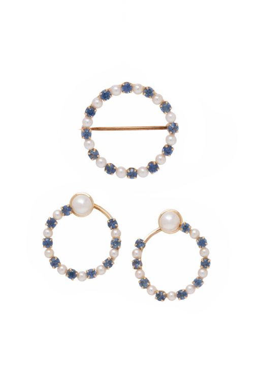 14k Yellow Gold Sapphire and Pearl Jewelry Set