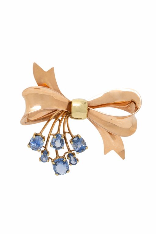 14k Yellow and Rose Gold Sapphire Bow Brooch