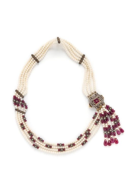 18k Yellow Gold Pearl, Ruby and Diamond Necklace