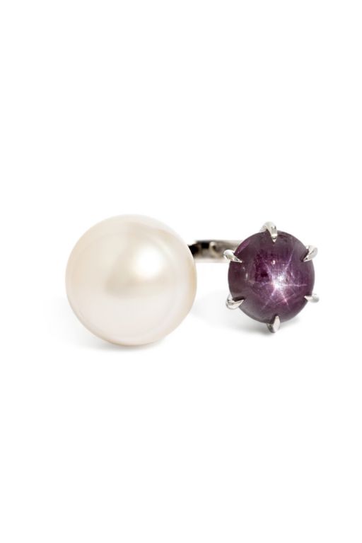 14k White Gold Star Ruby and Pearl Ring