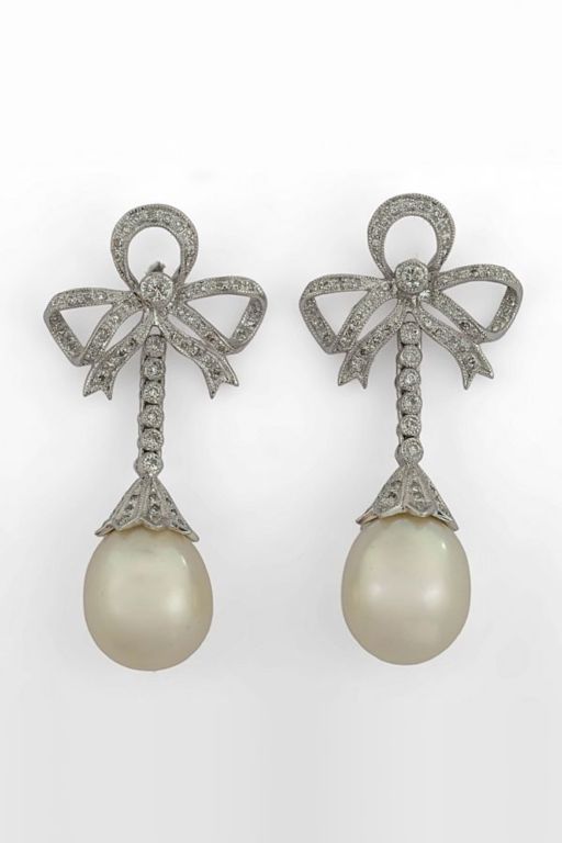 Pair of 18k Gold Diamond and Pearl Earrings