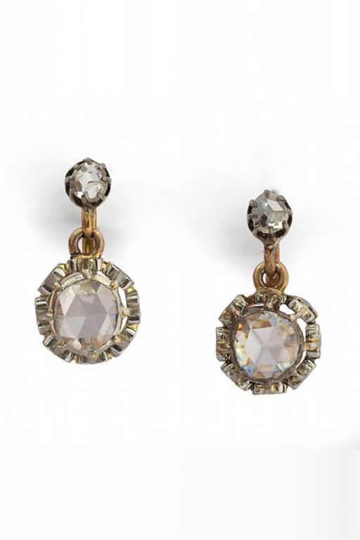 Pair of 18k Gold, Silver Diamond Earrings