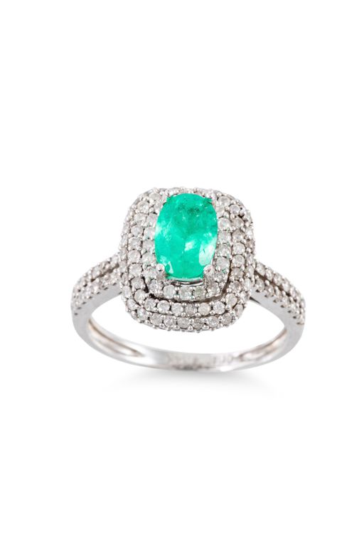 14k White Gold Emerald and Diamond Cluster Ring