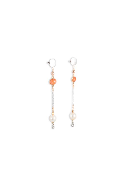 18k Gold Coral, Diamond and Pearl Drop Earrings