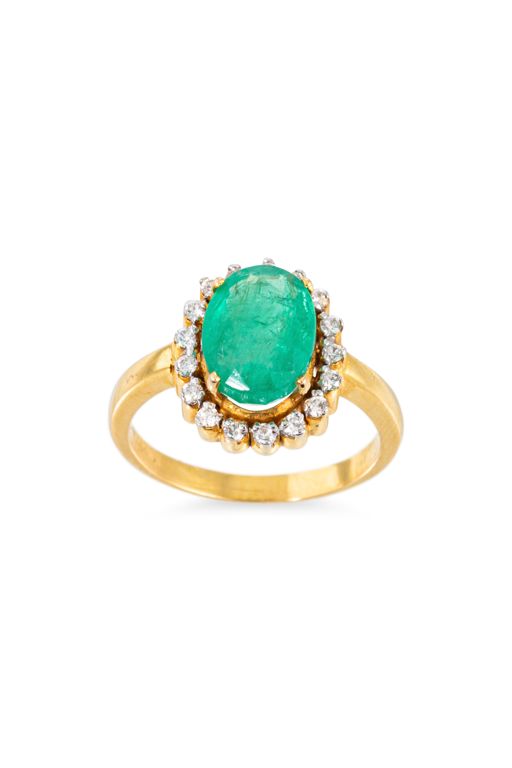 Yellow Gold Emerald and Diamond Cluster Ring