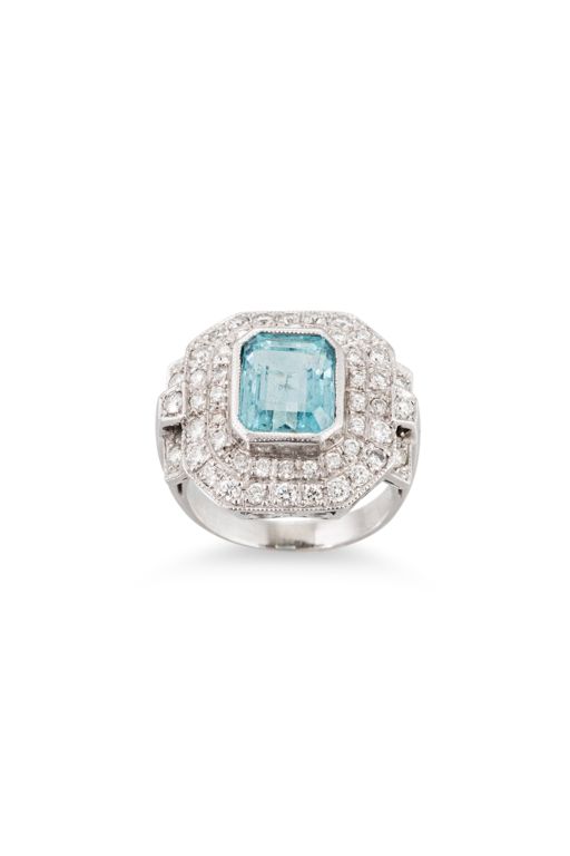 Platinum Aquamarine and Diamond Cluster Ring