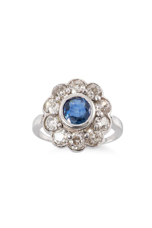 Silver and White Gold Sapphire and Diamond Ring