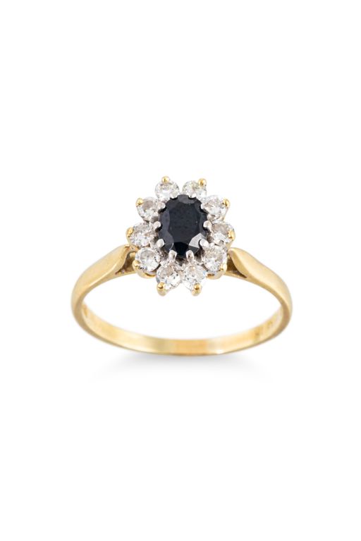 18k Yellow Gold Sapphire and Diamond Cluster Ring