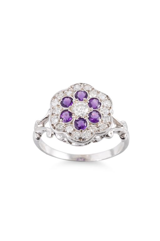 Silver Diamond and Amethyst Cluster Ring