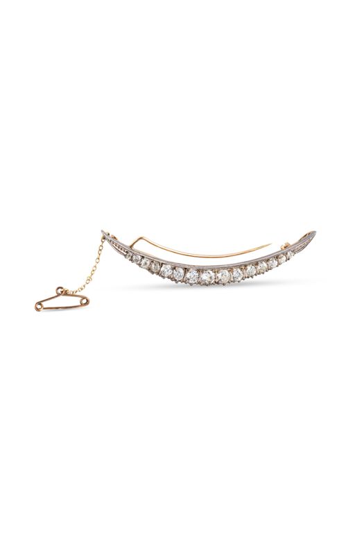 9k Yellow Gold and Silver Diamond Crescent Brooch