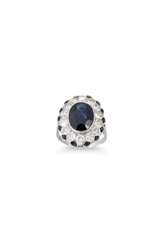 White Metal Sapphire and Diamond Cluster Ring