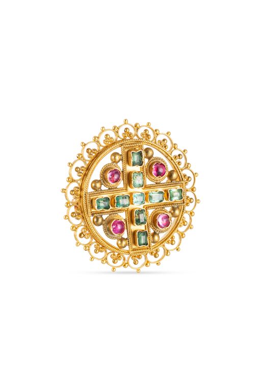 High-Carat Yellow Gold Emerald and Ruby Brooch