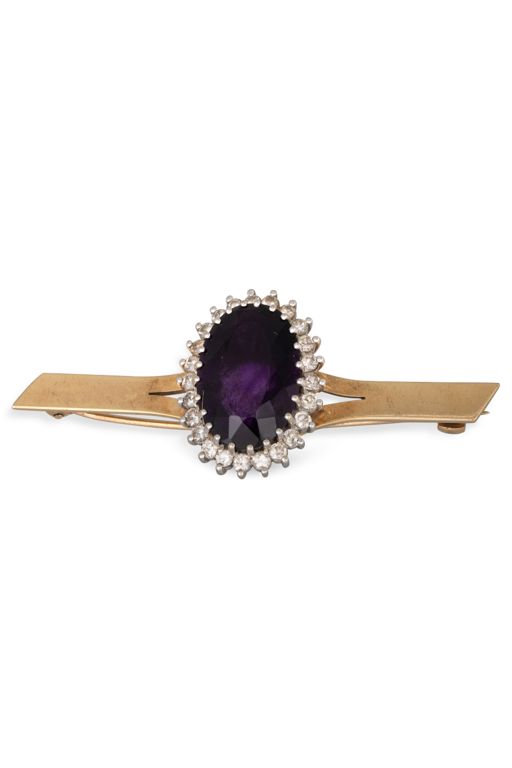 9k and 14k Gold Amethyst and Diamond Brooch