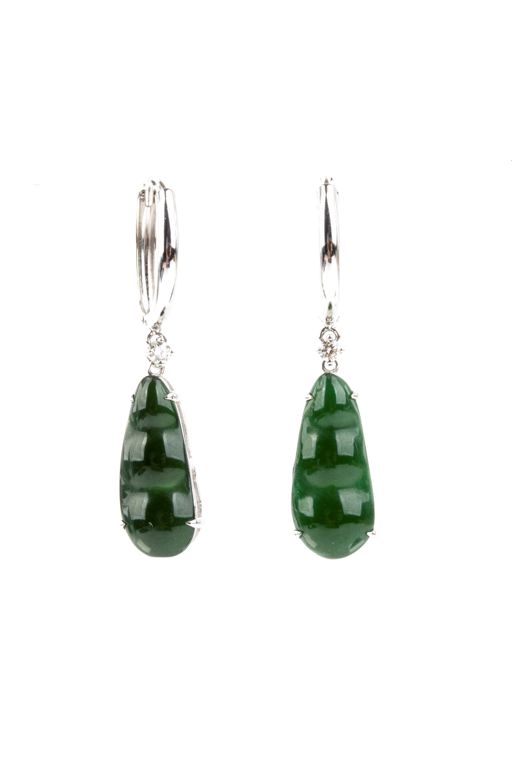 Pair of 18k Gold, Silver Jade and Diamond Earrings