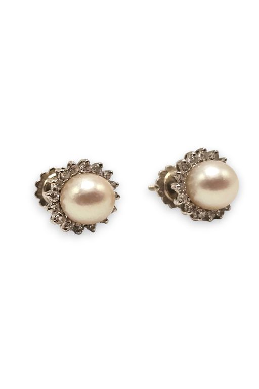 Pair of 18k Gold Diamond and Pearl Earrings