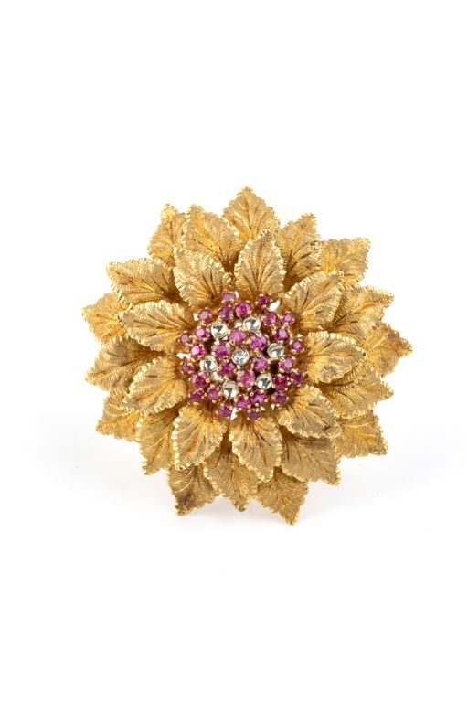 18k Gold Ruby and Diamond Brooch
