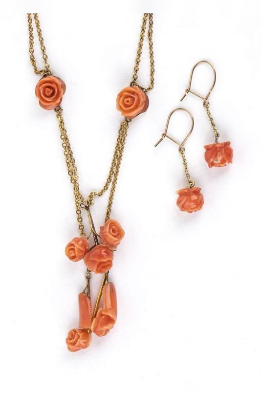 14k Gold Coral Necklace and Earrings