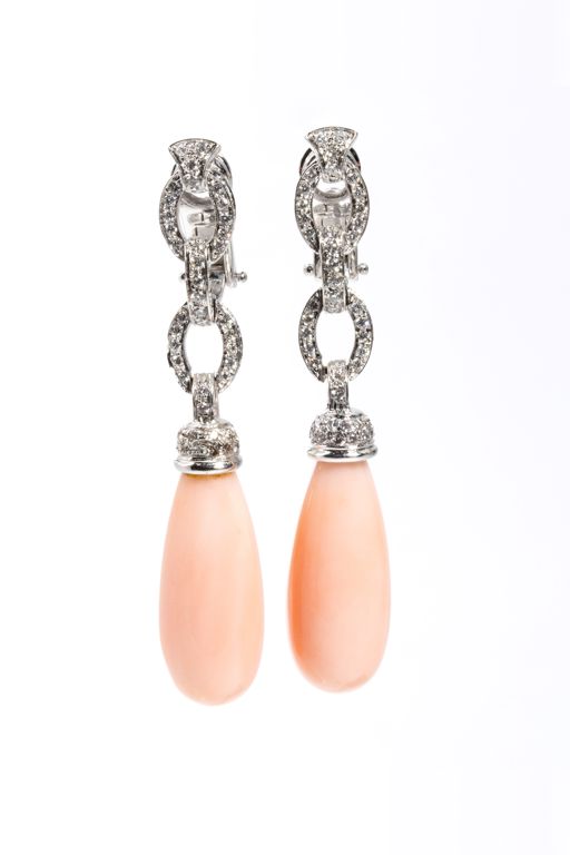 Pair of Gold Coral and Diamond Earrings