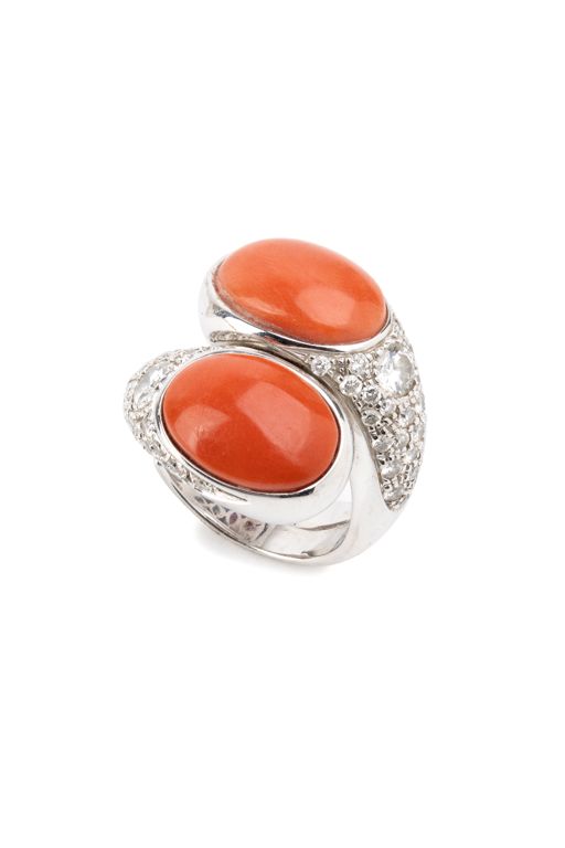18k Gold Coral and Diamond Ring